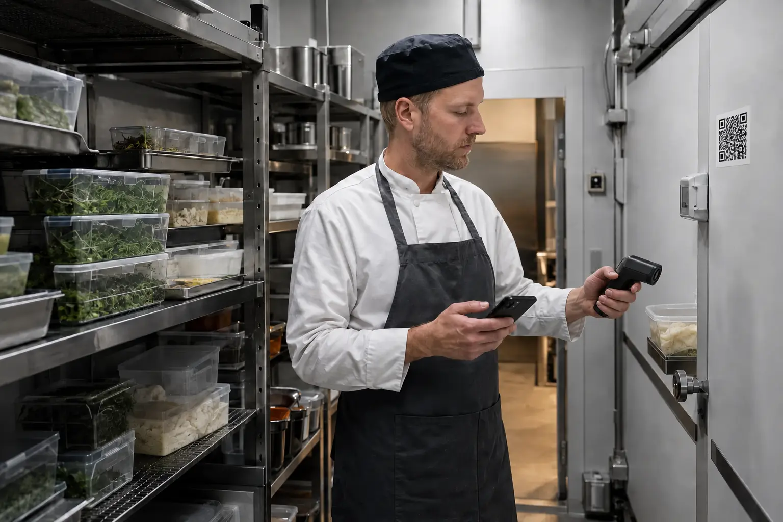 Food-safety worker checking a commercial cold room