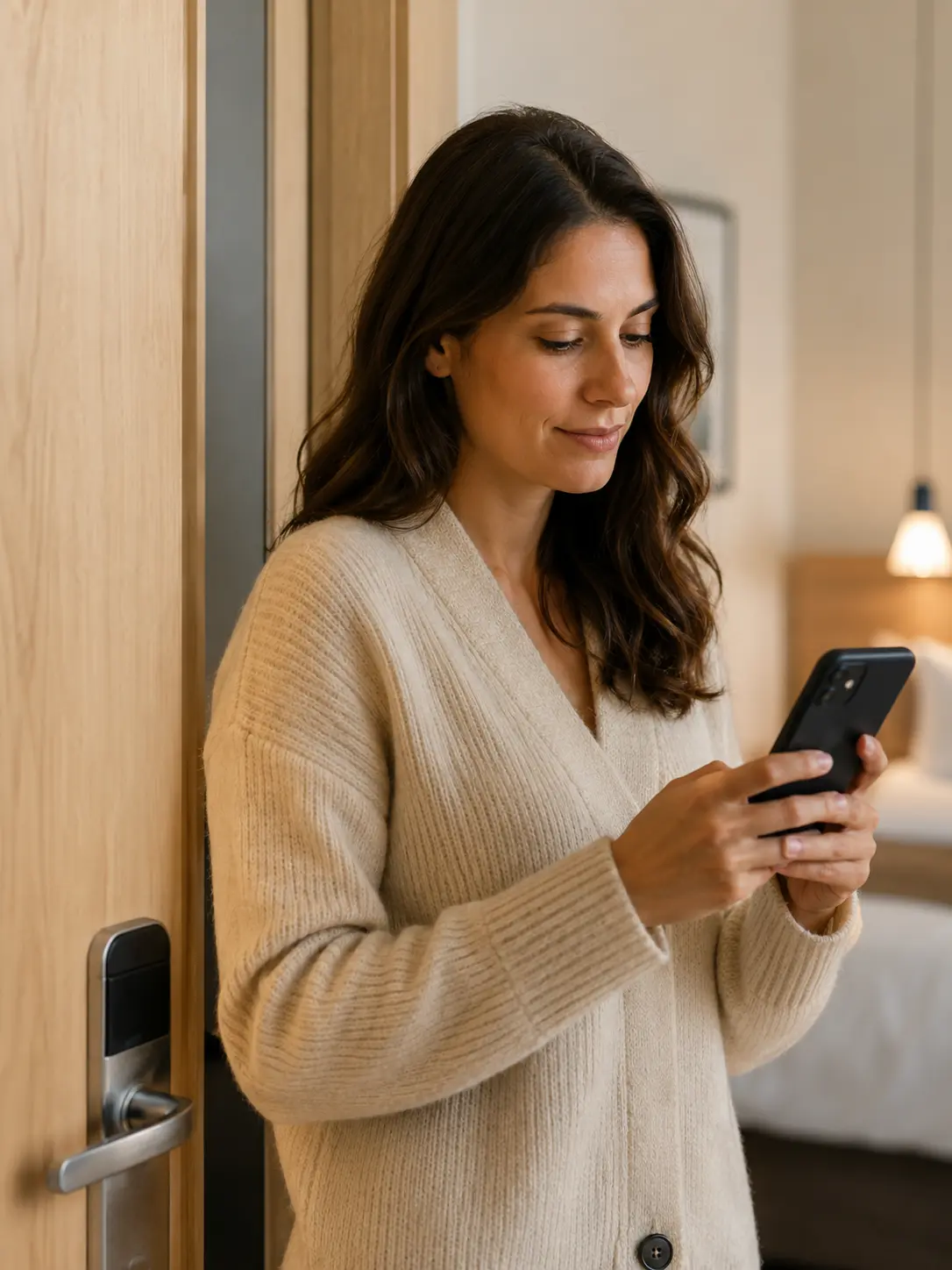 Hotel guest using a phone in a room