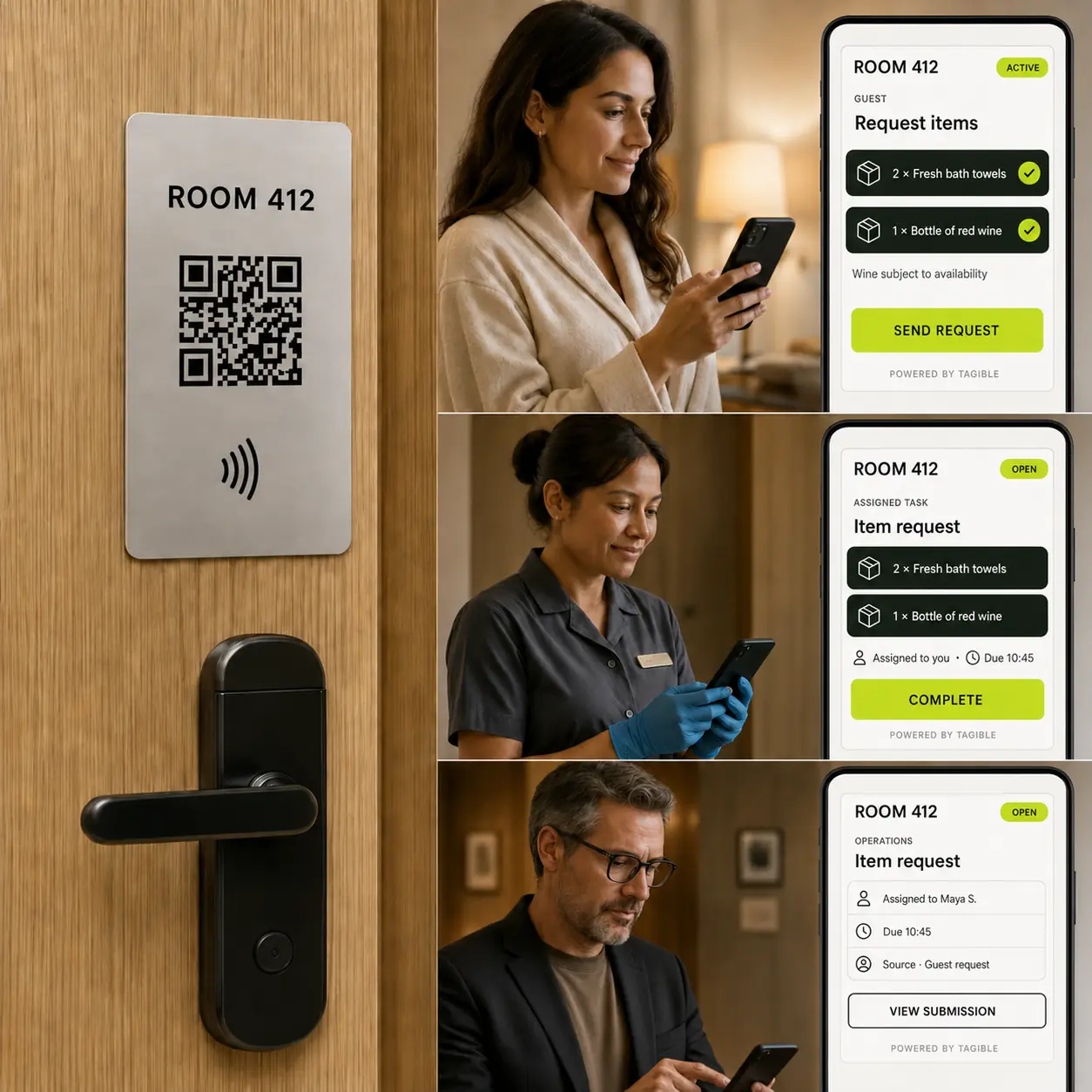 Hotel room 412 with QR and NFC tag beside guest, staff and operations request screens